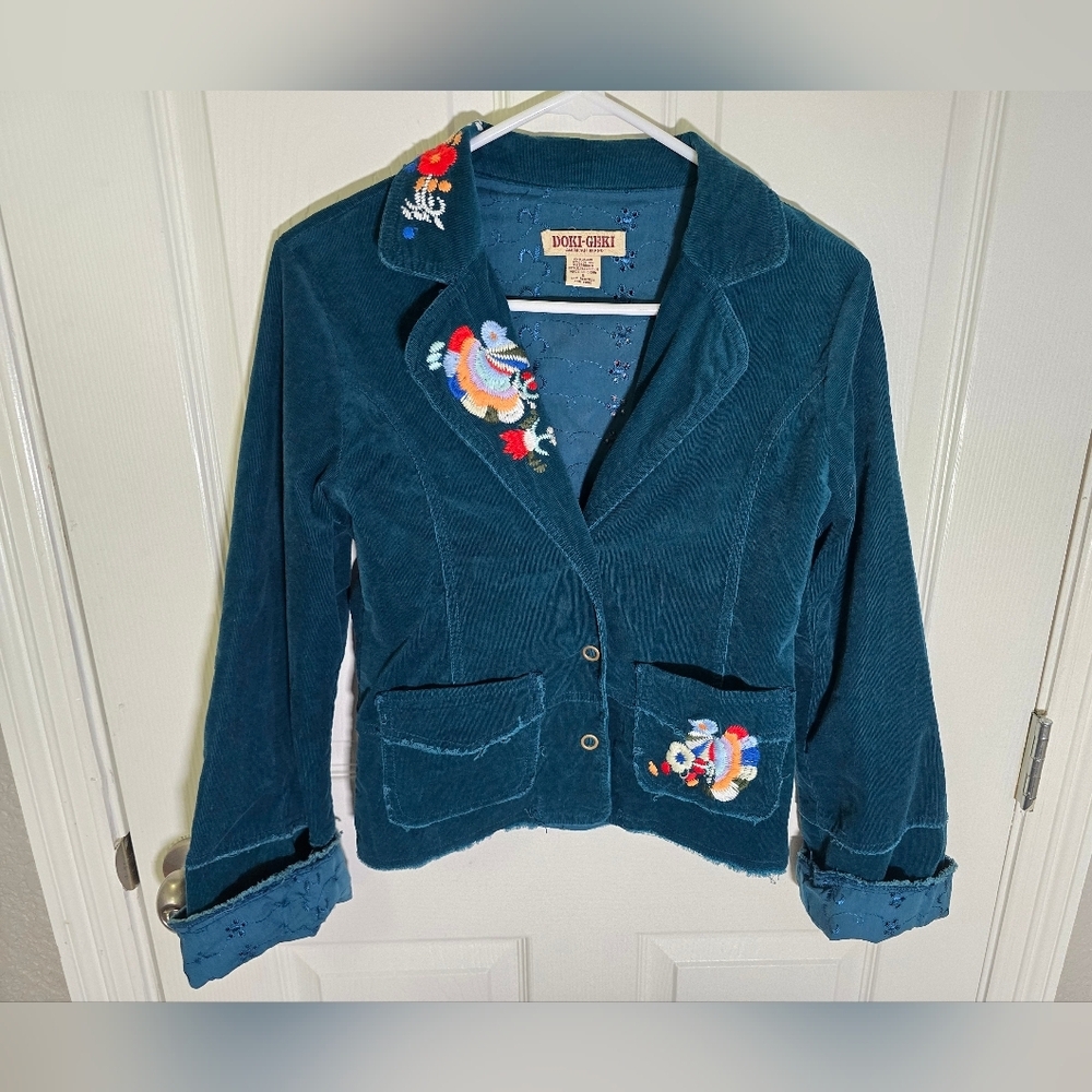 Doki Geki Womens Vintage Teal Embroidered Button Up Blazer Small